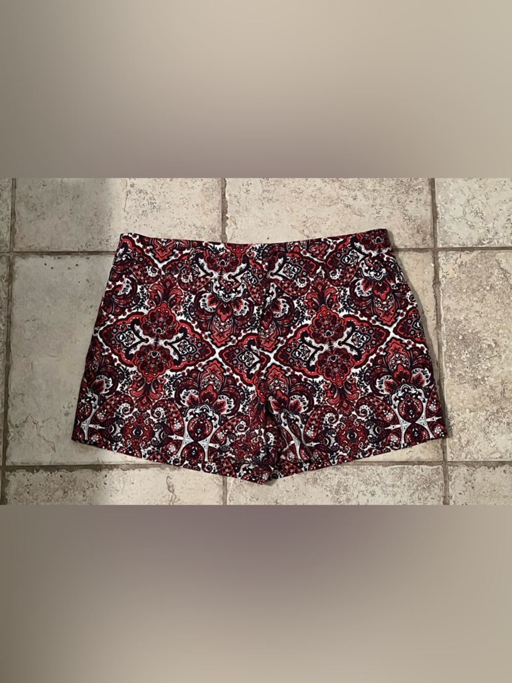 Kenar Red Paisley Print Jean Shorts